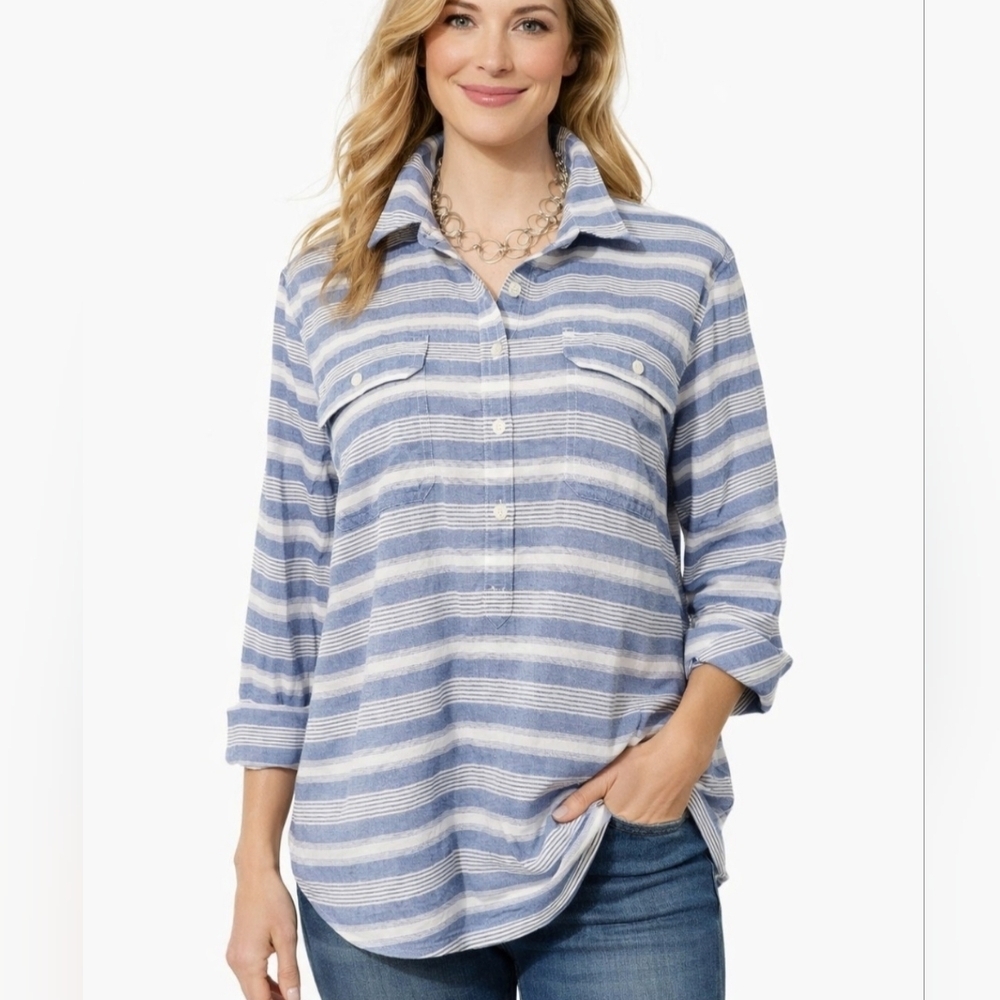 Chaps Women’s Size XL Blue White Striped Popover Tunic Shirt 100% Cotton Classic